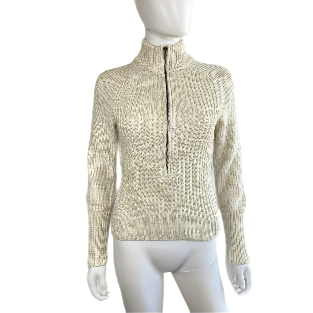 Moda International Beige Gold Flaked Zipper Front Mock Neck Fitted Sweater